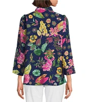 Ali Miles Tropical Printed Crinkle Point Collar 3/4 Sleeve Button Front Tunic