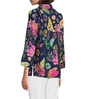 Ali Miles Tropical Printed Crinkle Point Collar 3/4 Sleeve Button Front Tunic