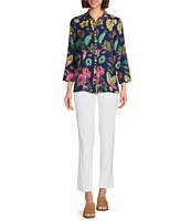 Ali Miles Tropical Printed Crinkle Point Collar 3/4 Sleeve Button Front Tunic