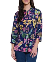 Ali Miles Tropical Printed Crinkle Point Collar 3/4 Sleeve Button Front Tunic