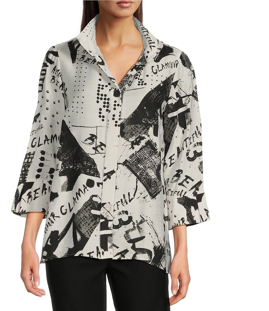 Ali Miles Black White Print Wire Collar 3/4 Sleeve Button Front Tunic
