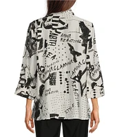 Ali Miles Black White Print Wire Collar 3/4 Sleeve Button Front Tunic