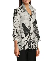 Ali Miles Black White Print Wire Collar 3/4 Sleeve Button Front Tunic