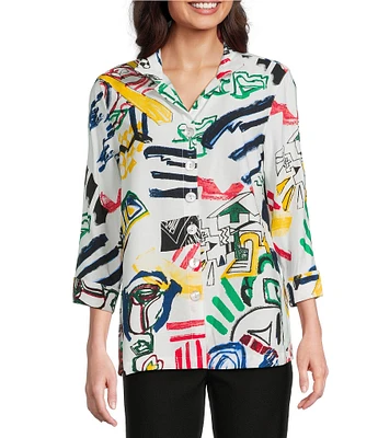 Ali Miles Woven Abstract Doodle Print Wire Collar 3/4 Sleeve Button Front Tunic