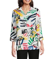 Ali Miles Woven Abstract Doodle Print Wire Collar 3/4 Sleeve Button Front Tunic
