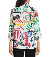 Ali Miles Woven Abstract Doodle Print Wire Collar 3/4 Sleeve Button Front Tunic