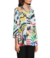 Ali Miles Woven Abstract Doodle Print Wire Collar 3/4 Sleeve Button Front Tunic