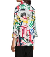 Ali Miles Woven Abstract Doodle Print Wire Collar 3/4 Sleeve Button Front Tunic