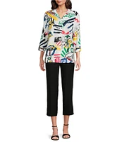 Ali Miles Woven Abstract Doodle Print Wire Collar 3/4 Sleeve Button Front Tunic