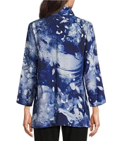 Ali Miles Woven Abstract Print Wire Collar 3/4 Sleeve Hi-Low Hem Button Front Tunic