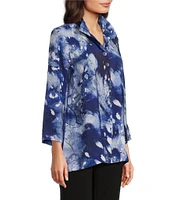 Ali Miles Woven Abstract Print Wire Collar 3/4 Sleeve Hi-Low Hem Button Front Tunic