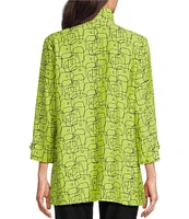 Ali Miles Woven Abstract Square Line Print Wire Collar 3/4 Sleeve Button Front Tunic