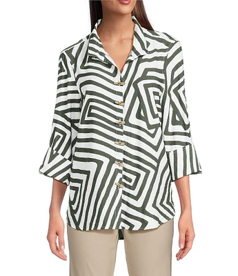 Ali Miles Woven Allover Abstract Print Wire Collar 3/4 Sleeve Hi-Low Hem Button Front Tunic
