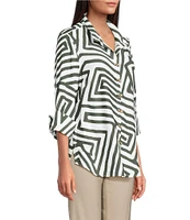 Ali Miles Woven Allover Abstract Print Wire Collar 3/4 Sleeve Hi-Low Hem Button Front Tunic