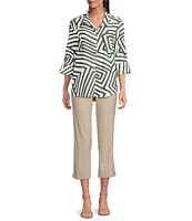 Ali Miles Woven Allover Abstract Print Wire Collar 3/4 Sleeve Hi-Low Hem Button Front Tunic