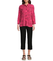 Ali Miles Woven Allover Floral Embroidered Point Collar 3/4 Sleeve Button Front Tunic