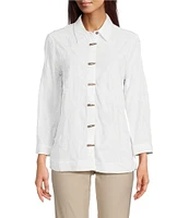Ali Miles Woven Allover Floral Embroidered Point Collar 3/4 Sleeve Button Front Tunic