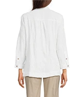 Ali Miles Woven Allover Floral Embroidered Point Collar 3/4 Sleeve Button Front Tunic