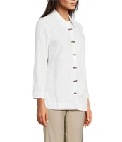 Ali Miles Woven Allover Floral Embroidered Point Collar 3/4 Sleeve Button Front Tunic