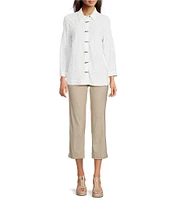 Ali Miles Woven Allover Floral Embroidered Point Collar 3/4 Sleeve Button Front Tunic