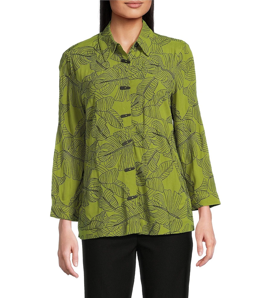 Ali Miles Woven Allover Floral Embroidered Point Collar 3/4 Sleeve Button Front Tunic