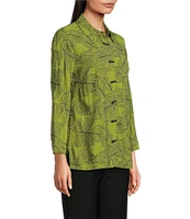 Ali Miles Woven Allover Floral Embroidered Point Collar 3/4 Sleeve Button Front Tunic
