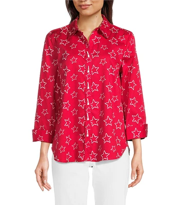 Ali Miles Woven Allover Star Print Point Collar 3/4 Cuffed Sleeve Button Front Tunic