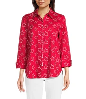 Ali Miles Woven Allover Star Print Point Collar 3/4 Cuffed Sleeve Button Front Tunic