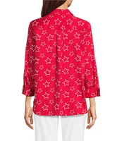 Ali Miles Woven Allover Star Print Point Collar 3/4 Cuffed Sleeve Button Front Tunic