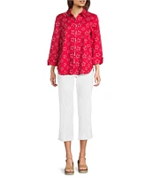 Ali Miles Woven Allover Star Print Point Collar 3/4 Cuffed Sleeve Button Front Tunic