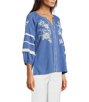 Ali Miles Woven Floral Embroidered Y-Neck 3/4 Sleeves Lace Trim Tunic