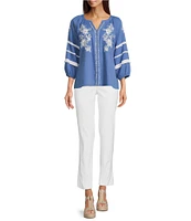 Ali Miles Woven Floral Embroidered Y-Neck 3/4 Sleeves Lace Trim Tunic