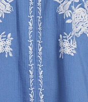 Ali Miles Woven Floral Embroidered Y-Neck 3/4 Sleeves Lace Trim Tunic