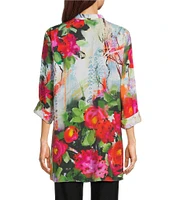 Ali Miles Woven Floral Wire Neck 3/4 Cuff Sleeve Button-Front Tunic