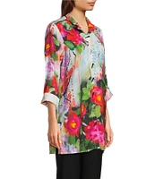 Ali Miles Woven Floral Wire Neck 3/4 Cuff Sleeve Button-Front Tunic