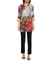 Ali Miles Woven Floral Wire Neck 3/4 Cuff Sleeve Button-Front Tunic