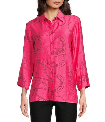 Ali Miles Woven Geometric Print Point Collar 3/4 Sleeve Button-Front Tunic