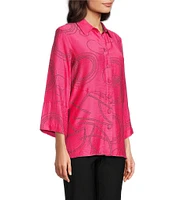 Ali Miles Woven Geometric Print Point Collar 3/4 Sleeve Button-Front Tunic