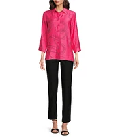 Ali Miles Woven Geometric Print Point Collar 3/4 Sleeve Button-Front Tunic