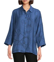 Ali Miles Woven Geometric Print Point Collar 3/4 Sleeve Button-Front Tunic