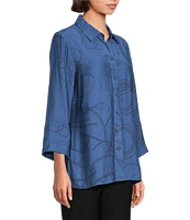 Ali Miles Woven Geometric Print Point Collar 3/4 Sleeve Button-Front Tunic