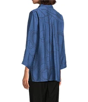 Ali Miles Woven Geometric Print Point Collar 3/4 Sleeve Button-Front Tunic
