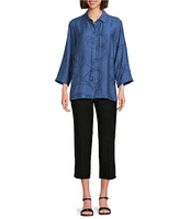 Ali Miles Woven Geometric Print Point Collar 3/4 Sleeve Button-Front Tunic