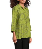 Ali Miles Woven Geometric Print Point Collar 3/4 Sleeve Button-Front Tunic