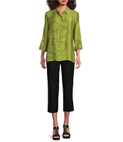Ali Miles Woven Geometric Print Point Collar 3/4 Sleeve Button-Front Tunic