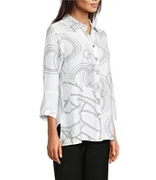Ali Miles Woven Geometric Print Point Collar 3/4 Sleeve Button-Front Tunic