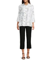 Ali Miles Woven Geometric Print Point Collar 3/4 Sleeve Button-Front Tunic