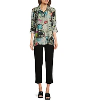 Ali Miles Woven Impasto Abstract Print Point Collar 3/4 Roll-Tab Sleeve Hi-Low Hem Button-Front Tunic