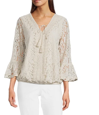 Ali Miles Woven Lace V-Neck 3/4 Flounce Sleeve Tie-Front Tunic
