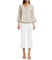 Ali Miles Woven Lace V-Neck 3/4 Flounce Sleeve Tie-Front Tunic